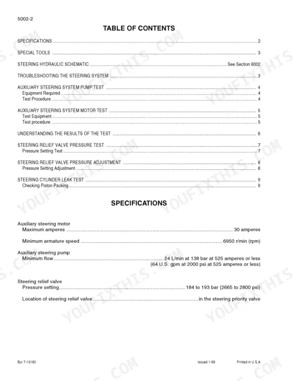Case 821C Loader, 721C Loader steering system table of contents and auxiliary steering specifications page.