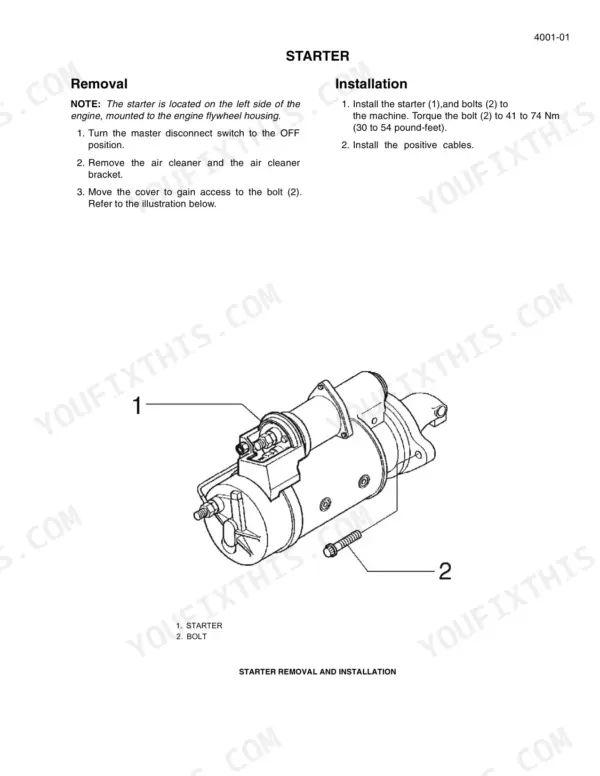 Case 845, 865, 885 starter removal and installation procedure with torque specifications and component diagram.
