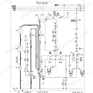 Case 845, 865, 885 wiring diagram showing derivation box, alternator, starter motor, and engine shut-off solenoid circuits.
