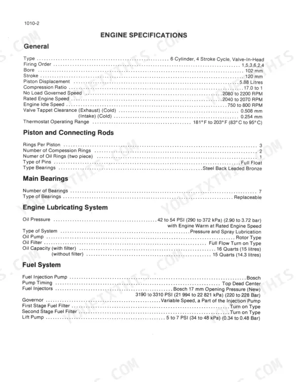 Case 888, 888 Excavator engine specifications table covering pistons, main bearings, lubrication, and fuel systems.