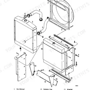 Case Corporation 1085B, 1086B exploded view of radiator, oil cooler, fan shroud, and hose installation components.