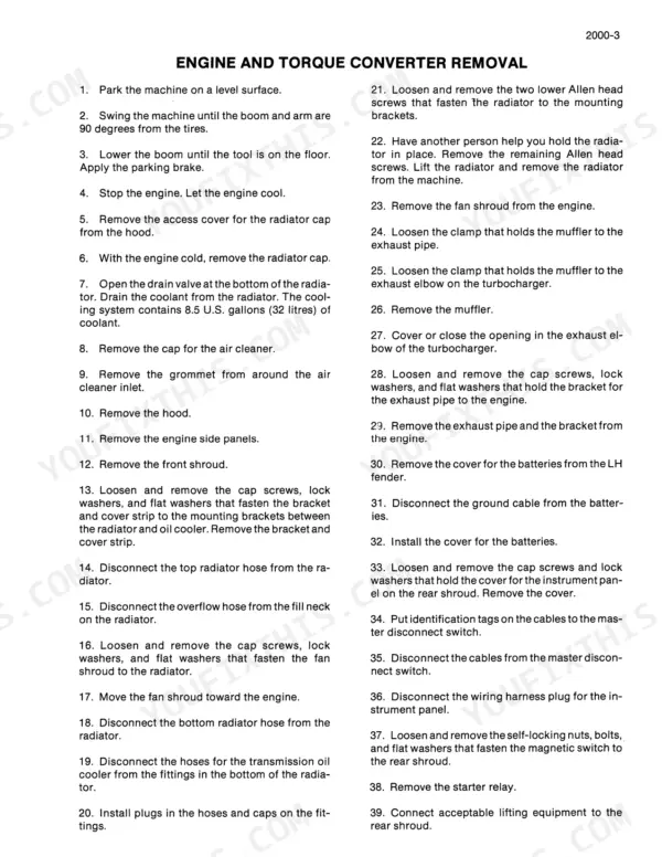 Case Corporation 1085B, 1086B service manual steps for engine and torque converter removal and radiator disassembly.