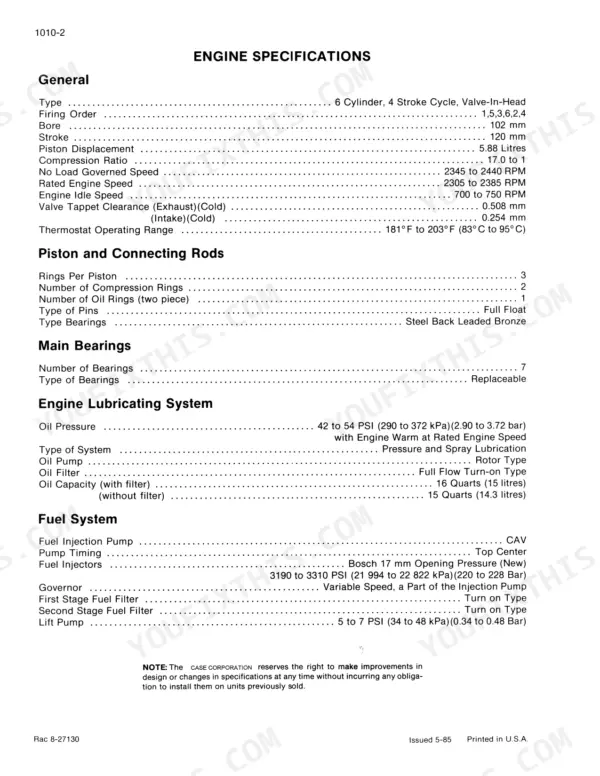Case Corporation 1085B, 1086B engine specifications table covering general, piston, bearings, lubrication, and fuel systems.