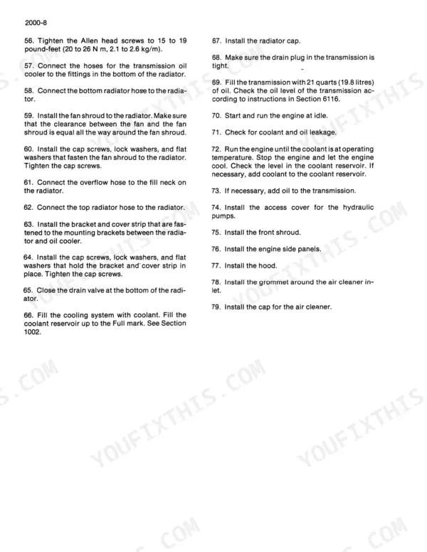 Case Corporation 1085B, 1086B service manual procedures for radiator, cooling system, and transmission installation.