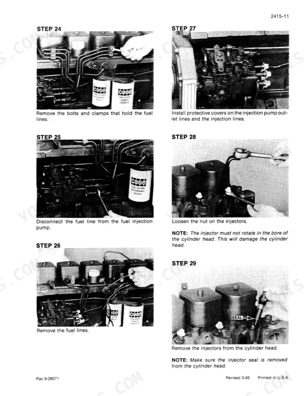 Case Corporation 1085B, 1086B service manual steps for removing fuel lines, injection pump covers, and fuel injectors.