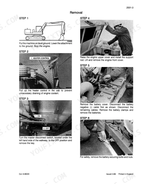 Case Corporation 1088 service manual page showing step-by-step battery removal and engine cover opening procedures.