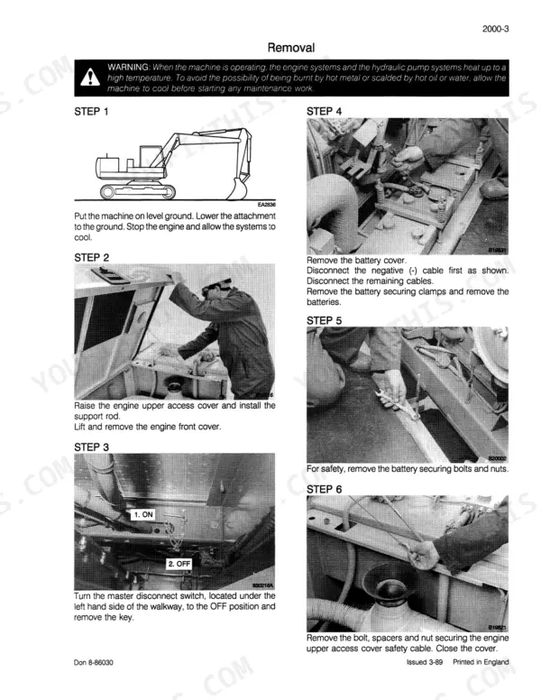 Case Corporation 1088 service manual page showing step-by-step battery and engine access cover removal procedures.