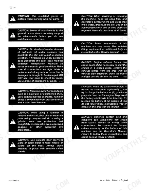 Case Corporation 1088 service manual page with safety warnings regarding hydraulic, battery, and engine maintenance.