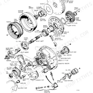 Case Corporation 1150B, 1450 torque converter exploded view diagram showing housing, turbine, impeller, and pump components.