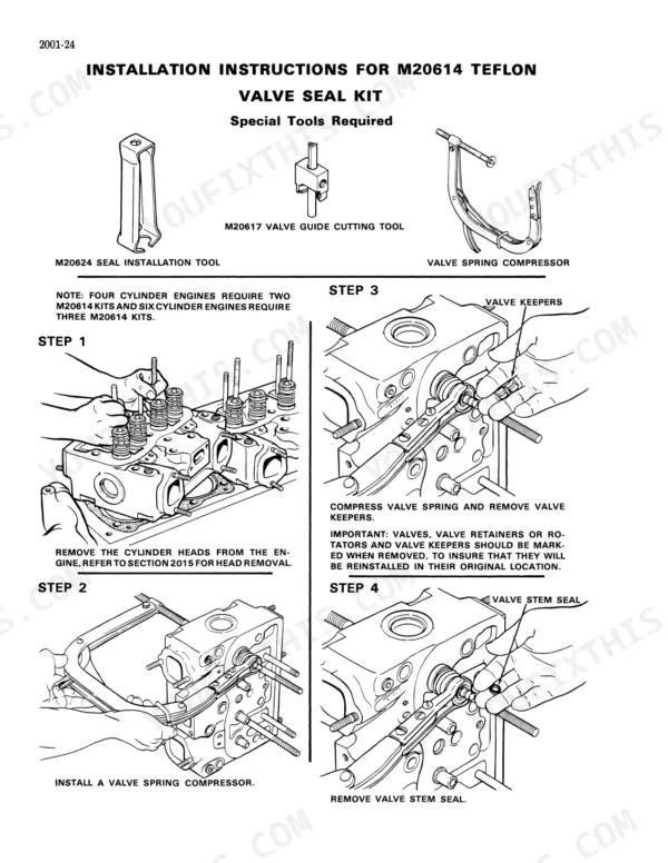 Case Corporation 1150B, 1450 valve seal kit M20614 installation procedure, tools, and step-by-step cylinder head diagrams.