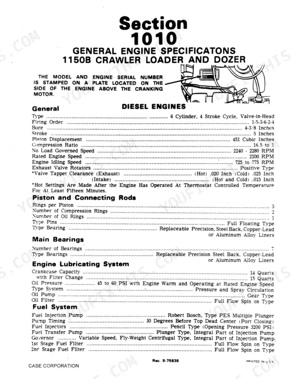 Case Corporation 1150B, 1450 engine specifications table including bore, stroke, firing order, and lubrication system data.