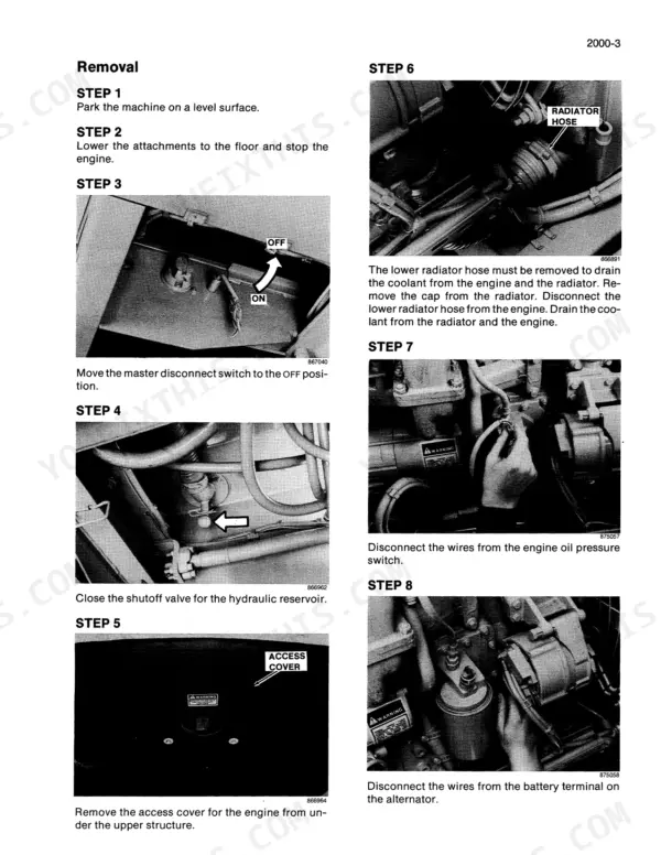 Case Corporation 688 Excavator removal procedure steps for radiator hose, oil pressure switch, and alternator wiring.