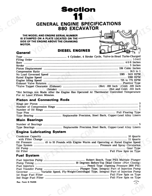 Case 880B, 880 Excavator general engine specifications table.