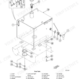 Case Corporation 9050B exploded view diagram of the fuel tank assembly, including fuel level sight gauge and drain valve.