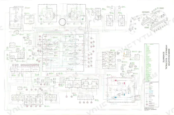 Case Corporation 9050B excavator hydraulic and electrical schematic diagram with component legend and index.