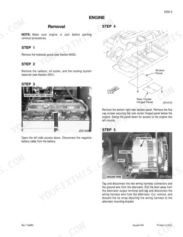 Case Corporation 9050B engine removal procedure steps, including battery cable, access panel, and alternator disconnection.