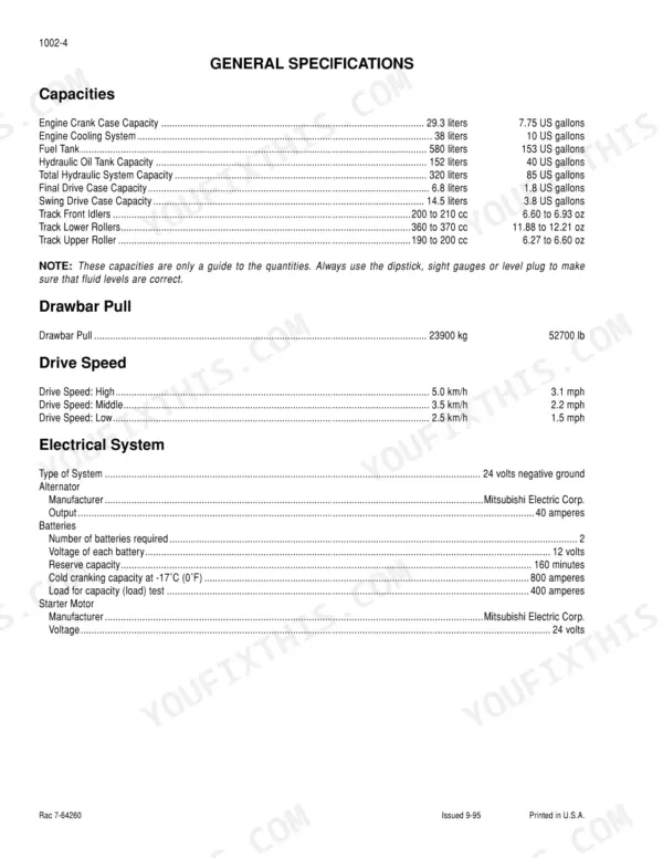 Case Corporation 9050B general specifications table for fluid capacities, drawbar pull, drive speed, and electrical system.