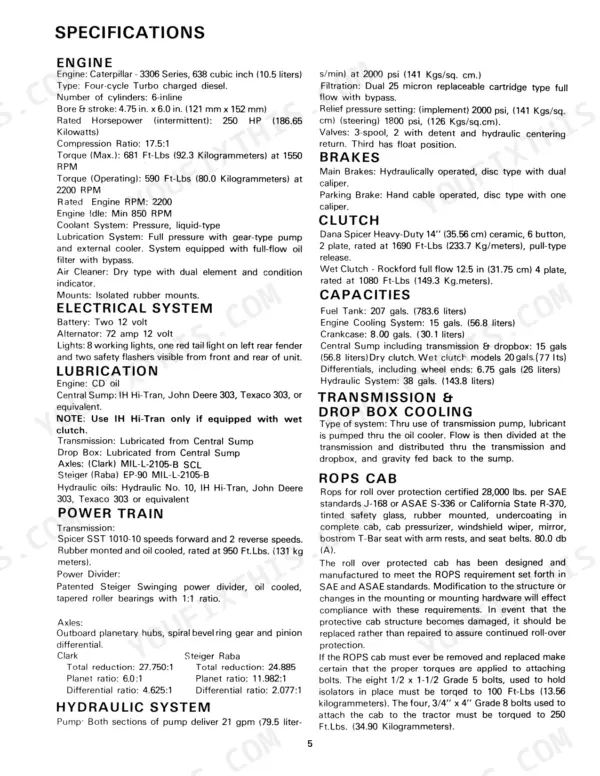 Case Cougar II, Cougar II Tractor technical specifications table for engine, electrical, lubrication, power train, and hydraulics.