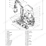 Case CX15B, CX18B main components diagram with numbered parts list for engine, hydraulics, and excavator assembly.