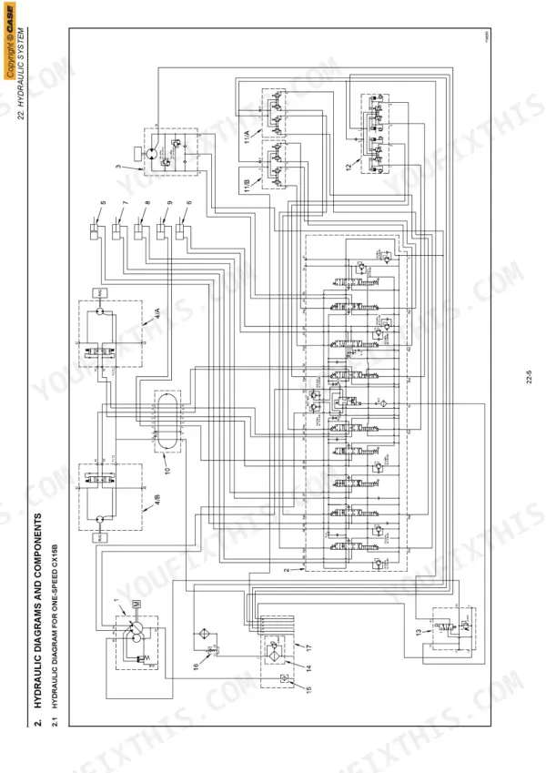 Case CX15B, CX18B hydraulic system diagram for one-speed model showing pumps, control valves, and component connections.