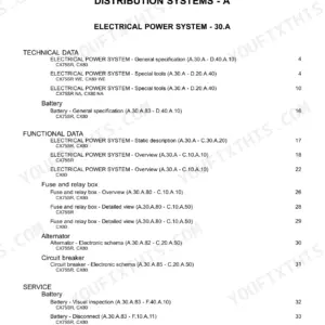 Case CX75SR, CX80 service manual contents page for electrical power system, battery, fuse box, alternator, and circuit breaker.