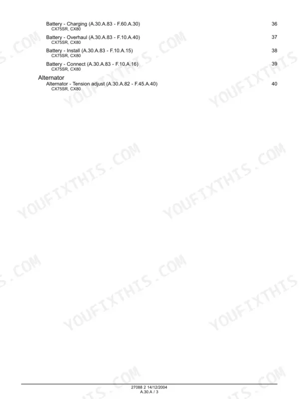 Case CX75SR, CX80 service manual table of contents for battery and alternator electrical system procedures.
