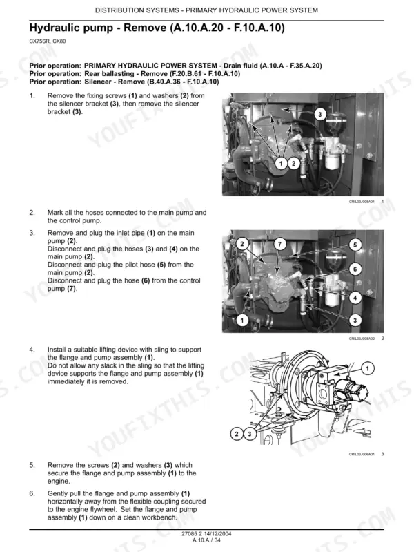 Case CX75SR, CX80 hydraulic pump removal procedure with photos and diagrams of pump hose and flange assembly removal.