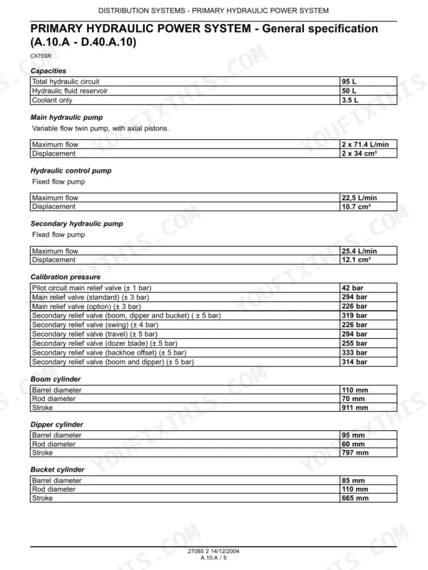 Case CX75SR, CX80 primary hydraulic power system specifications table including pump flow, relief valve pressures, and cylinder dimensions.