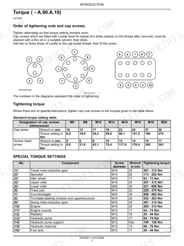 Case CX75SR, CX80 torque tightening sequence diagrams and standard and special torque setting tables for components.