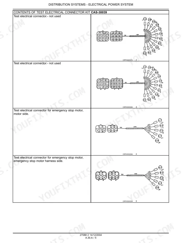 Case CX75SR, CX80 electrical connector kit CAS-30039 wiring diagrams for emergency stop motor and test connectors.