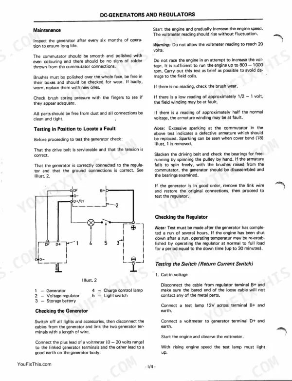 Case IH 1255-1455XL DC generator and regulator maintenance, testing procedures, and wiring diagram for charging system.