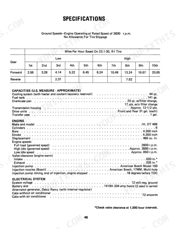 International 4366 Tractor specifications table for ground speeds, fluid capacities, engine, and electrical.