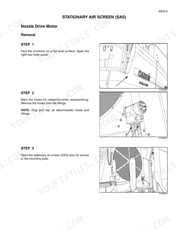 Case IH 5088, 6088, 7088 service manual procedure for removing the Stationary Air Screen (SAS) nozzle drive motor.
