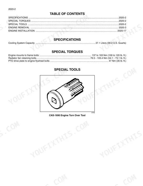 Case IH 5088, 6088, 7088 service manual page showing engine specifications, torque values, and CAS-1690 turn over tool.