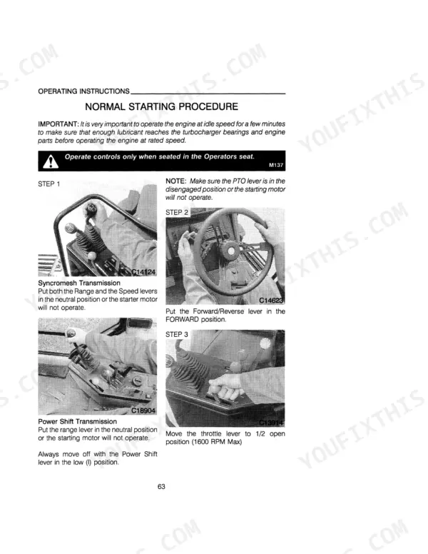 Case IH 5130-5140 Tractors normal starting procedure, showing transmission, throttle, and PTO lever operation steps.