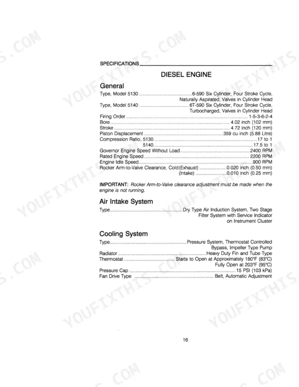 Case IH 5130-5140 Tractors engine specifications table including firing order, valve clearance, and cooling system data.