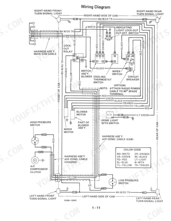 Case IH 786, 886, 986, 1086, 1486, 1586, Hydro 186 wiring diagram for cab lights, AC compressor, and blower motor.