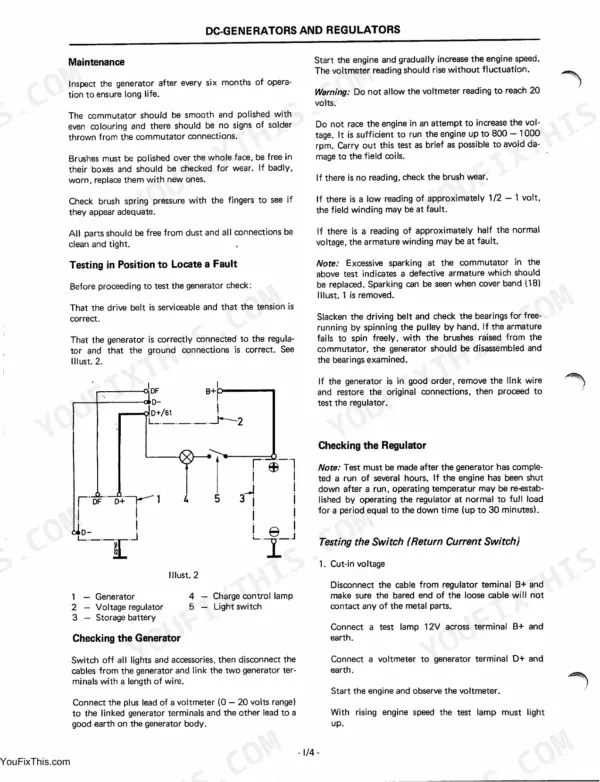 Case IH 856 XL, D-155...DT402 DC generator and regulator maintenance, testing procedures, and wiring diagram.