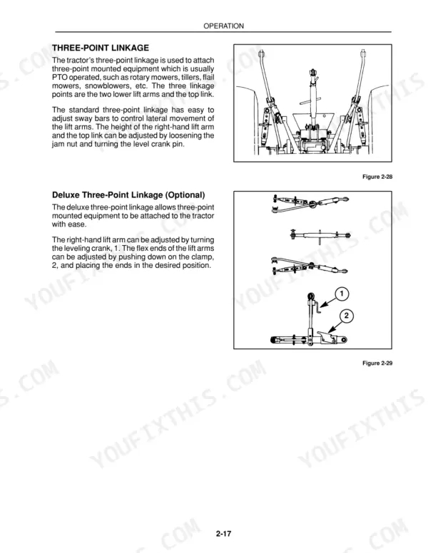 Case IH D25, D29, D33, DX25, DX29, DX33 three-point linkage operation diagrams and adjustment instructions.