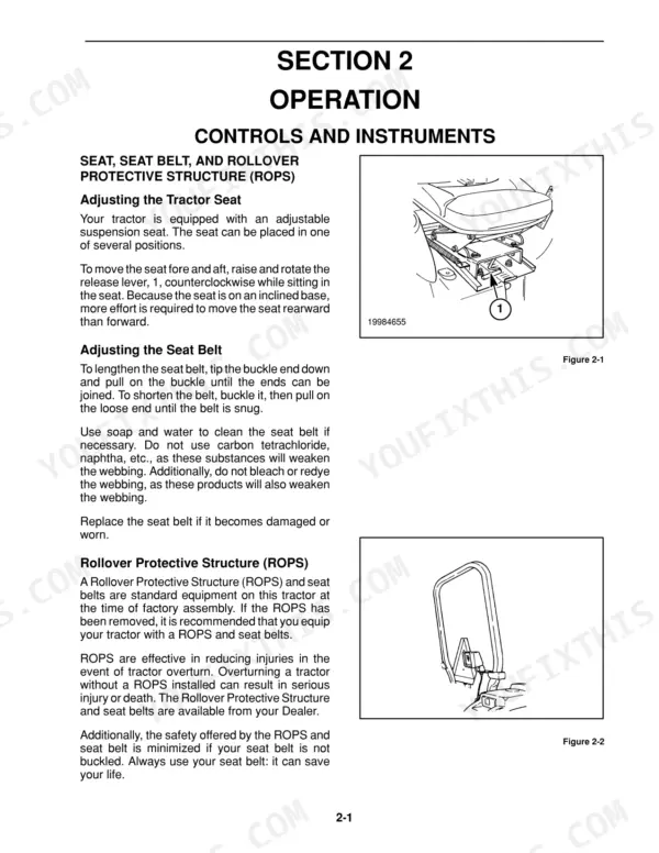 Case IH D25, D29, D33, DX25, DX29, DX33 seat adjustment and ROPS operation procedures with component diagrams.