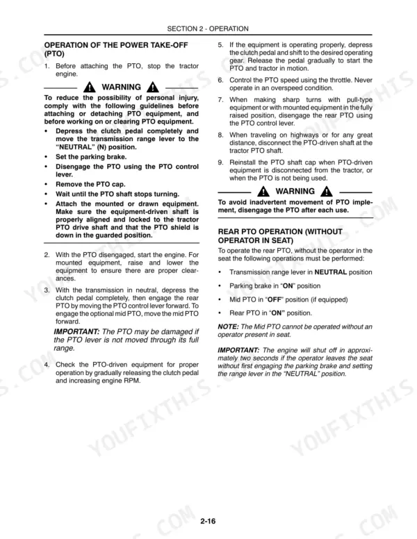 Case IH DX21, DX24, DX24 Tractors: Procedures for operating the Power Take-Off (PTO) and rear PTO without operator in seat.