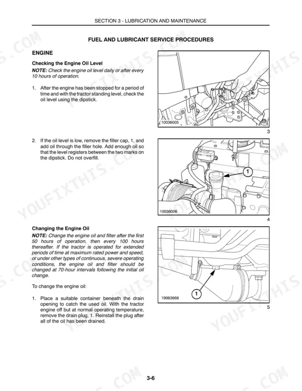 Case IH DX21, DX24, DX24 Tractors: Engine oil level check, filler cap location, and oil drain plug removal procedures.