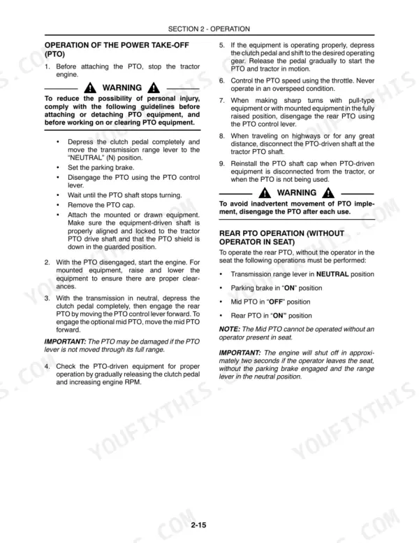 Case IH DX25, DX29, DX33 Tractors operation manual page detailing PTO engagement and safety procedures.
