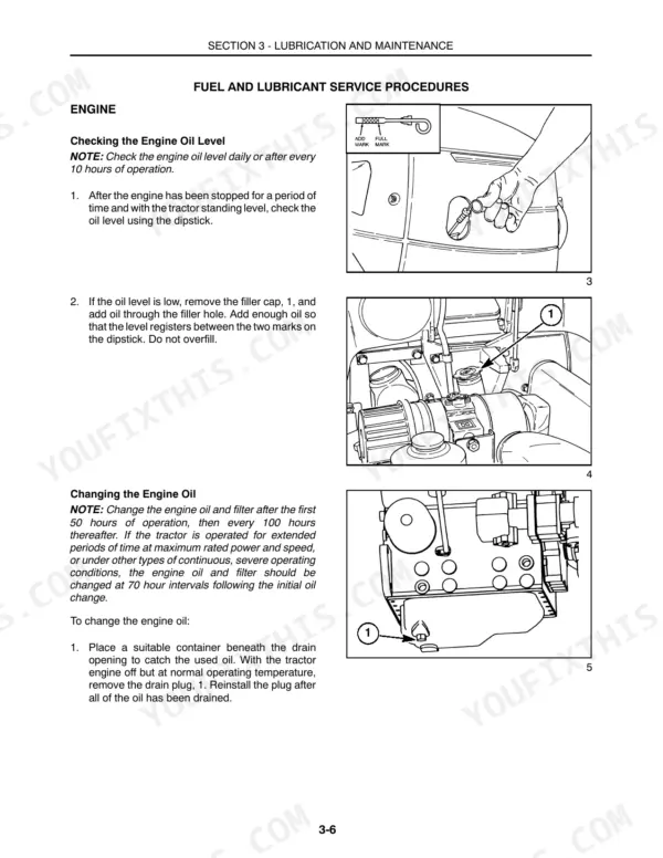 Case IH DX25, DX29, DX33 Tractors: Engine oil level check, filler cap location, and oil drain plug removal procedures.