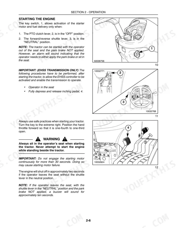 Case IH DX48, DX55 Tractor engine starting procedure, key switch, PTO lever, shuttle lever, and inching pedal diagrams.
