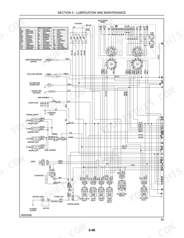 Case IH DX48, DX55 Tractor electrical wiring diagram showing fuse box, instrument panel, sensors, and relay connections.