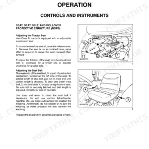 Case IH DX48, DX55 operator manual page showing seat adjustment and seat belt operation procedures with component diagrams.