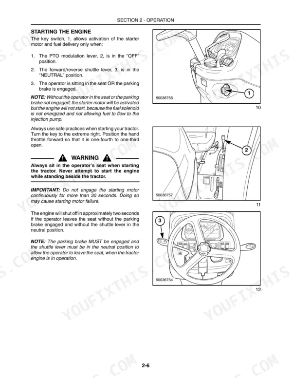 Case IH DX48, DX55 engine starting procedure, key switch, PTO lever, and shuttle lever operation diagrams.