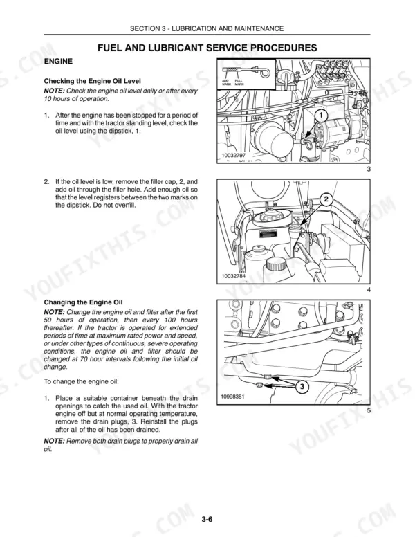 Case IH DX48, DX55 engine oil level check and oil change procedure diagrams showing dipstick, filler cap, and drain plugs.