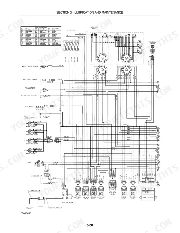 Case IH DX48, DX55 electrical wiring diagram showing fuse box, instrument panel, sensors, relays, and lighting circuits.